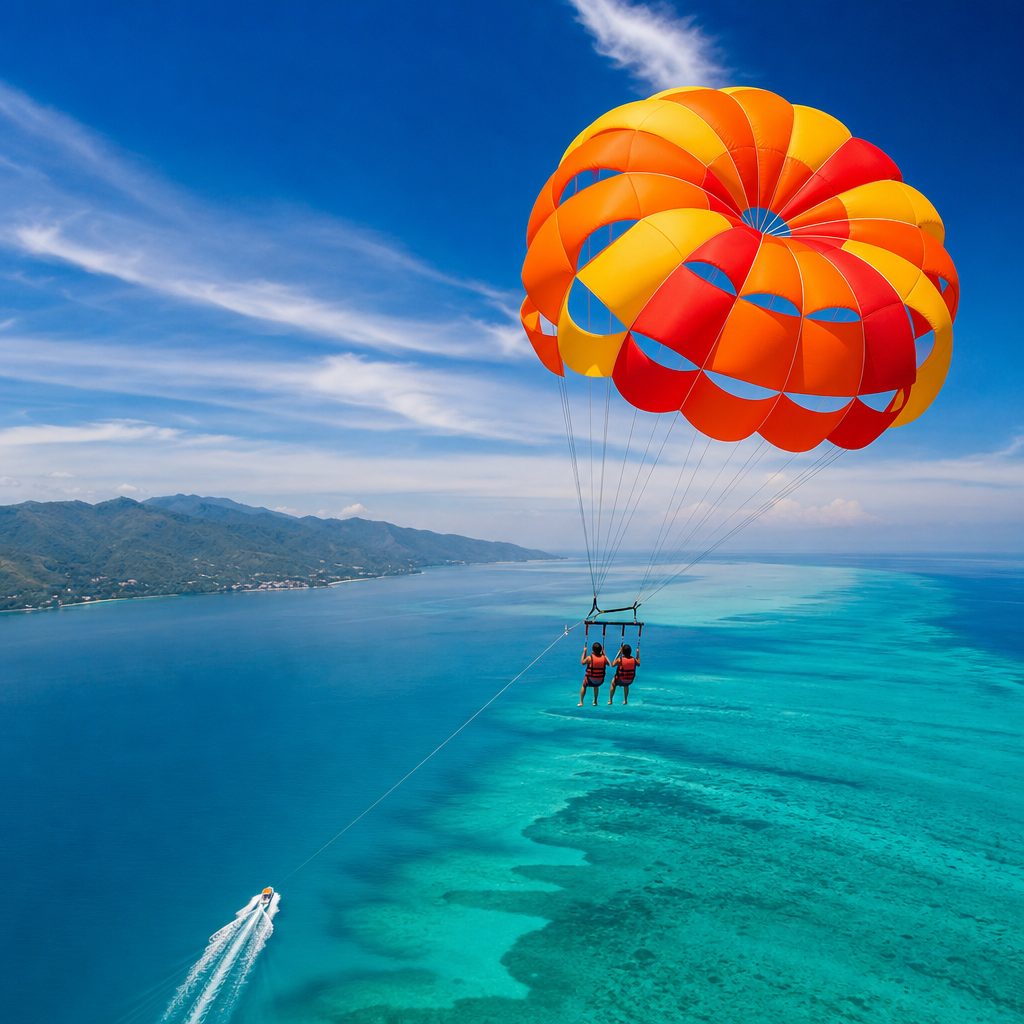 Parasailing parachute soaring above turquoise water — booked with ReservZs software